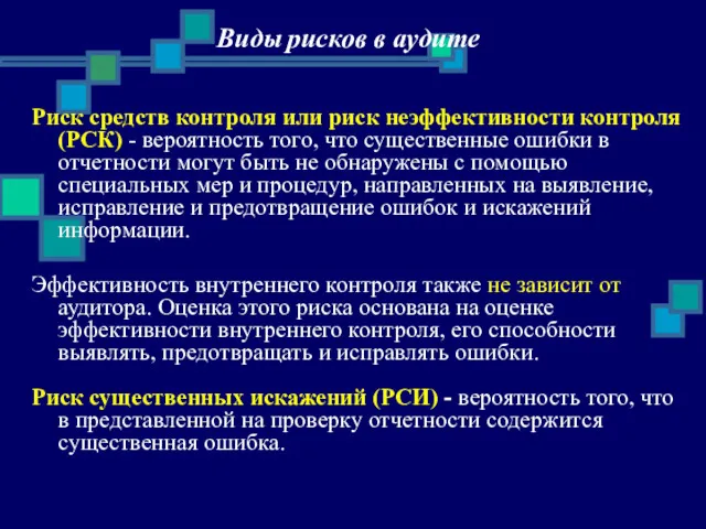 Виды рисков в аудите Риск средств контроля или риск неэффективности