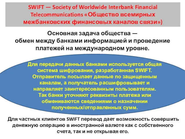 SWIFT — Society of Worldwide Interbank Financial Telecommunications «Общество всемирных межбанковских финансовых каналов