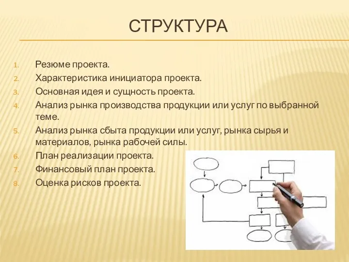 СТРУКТУРА Резюме проекта. Характеристика инициатора проекта. Основная идея и сущность