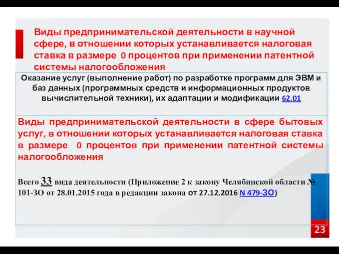 Виды предпринимательской деятельности в научной сфере, в отношении которых устанавливается