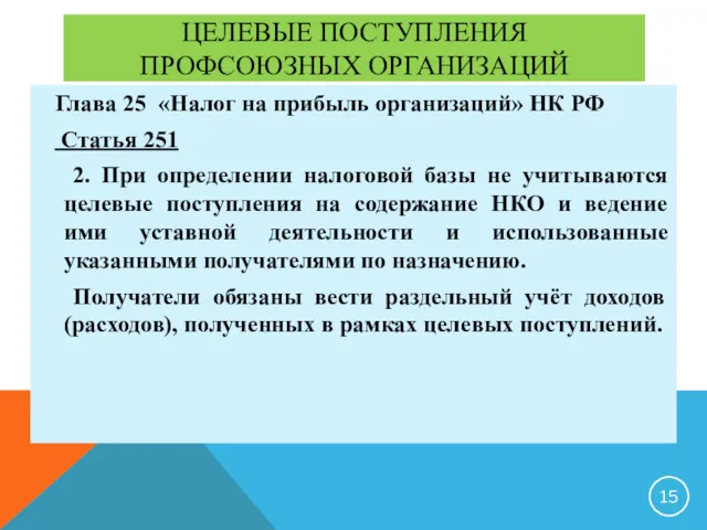 ЦЕЛЕВЫЕ ПОСТУПЛЕНИЯ ПРОФСОЮЗНЫХ ОРГАНИЗАЦИЙ Глава 25 «Налог на прибыль организаций» НК РФ Статья