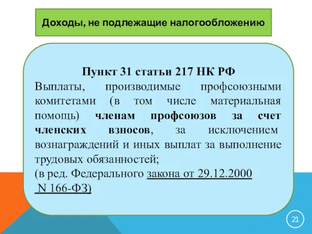Пункт 31 статьи 217 НК РФ Выплаты, производимые профсоюзными комитетами (в том числе