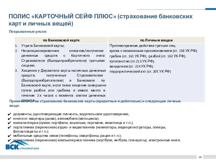 ПОЛИС «КАРТОЧНЫЙ СЕЙФ ПЛЮС» (страхование банковских карт и личных вещей)