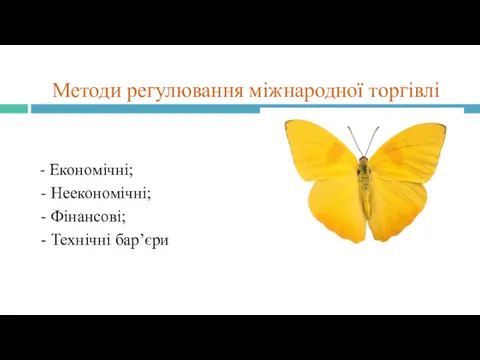 Методи регулювання міжнародної торгівлі - Економічні; - Неекономічні; - Фінансові; - Технічні бар’єри