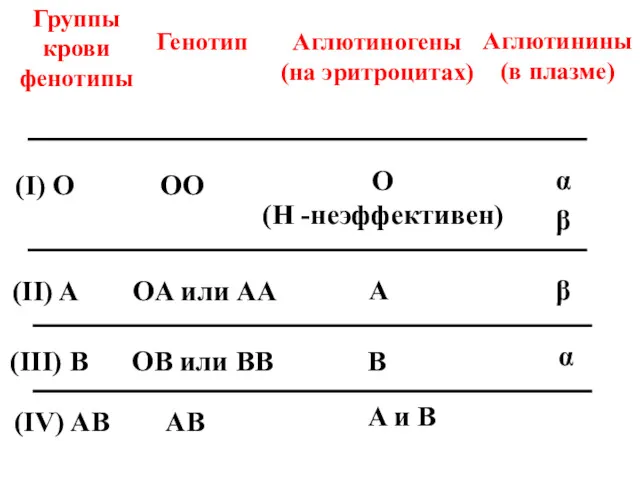 Группы крови фенотипы Генотип Аглютиногены (на эритроцитах) Аглютинины (в плазме) (I) O (II)