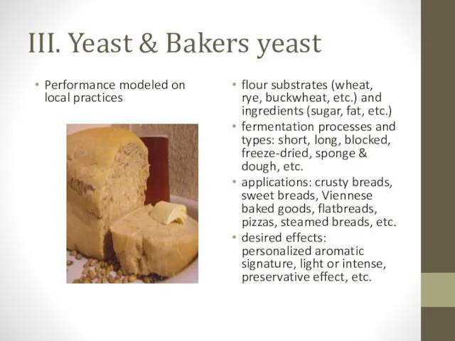 III. Yeast & Bakers yeast Performance modeled on local practices