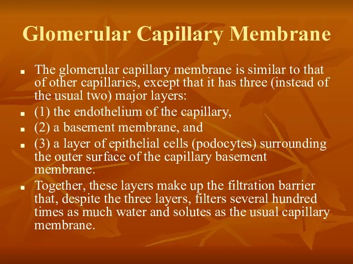 Glomerular Capillary Membrane The glomerular capillary membrane is similar to
