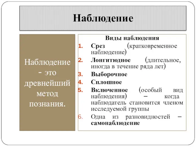 Наблюдение Наблюдение - это древнейший метод познания. Виды наблюдения Срез (кратковременное наблюдение) Лонгитюдное