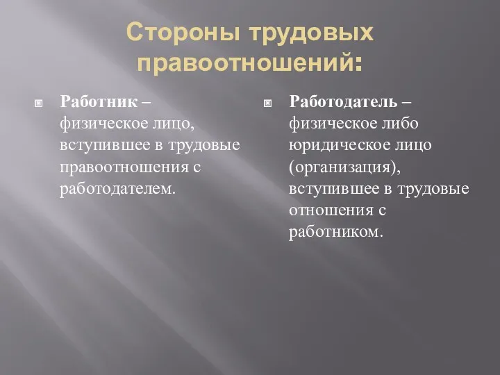 Стороны трудовых правоотношений: Работник – физическое лицо, вступившее в трудовые