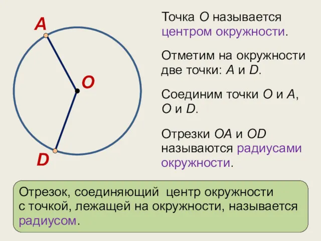 Точка О называется центром окружности. Отметим на окружности две точки: