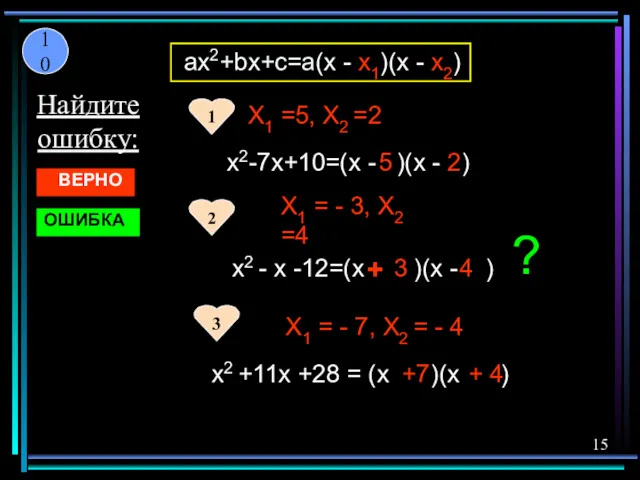 X1 =5, X2 =2 x2-7x+10=(x - )(x - ) 1