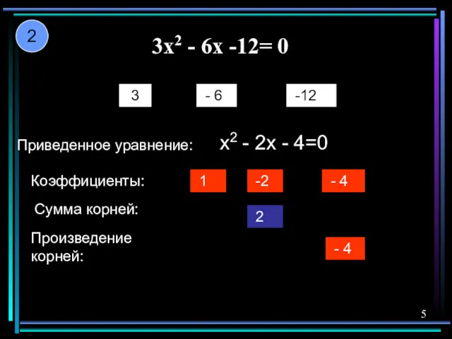 3x2 - 6x -12= 0 3 - 6 -12 Приведенное