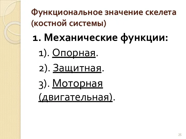 Функциональное значение скелета (костной системы) 1. Механические функции: 1). Опорная. 2). Защитная. 3). Моторная (двигательная).