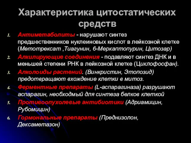 Характеристика цитостатических средств Антиметаболиты - нарушают синтез предшественников нуклеиновых кислот