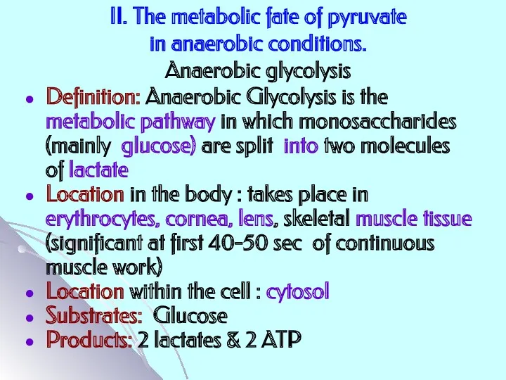 II. The metabolic fate of pyruvate in anaerobic conditions. Anaerobic glycolysis Definition: Anaerobic