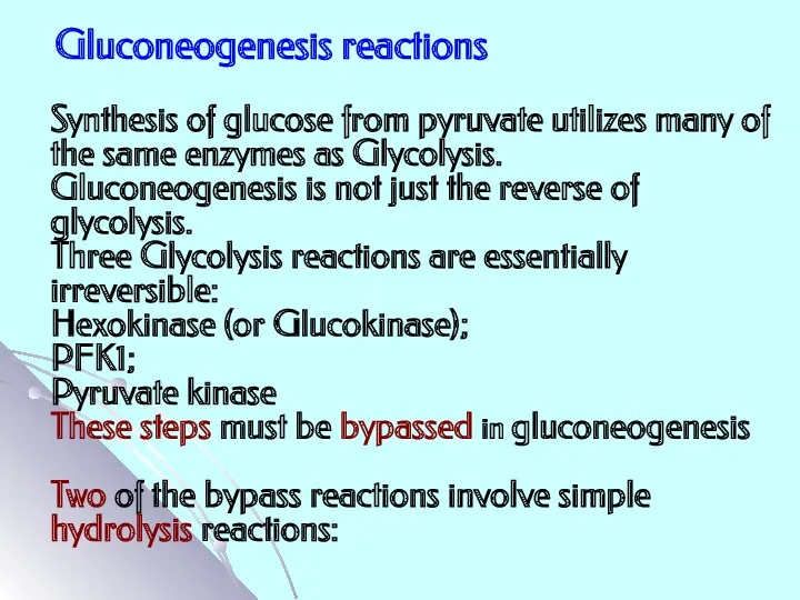 Gluconeogenesis reactions Synthesis of glucose from pyruvate utilizes many of the same enzymes