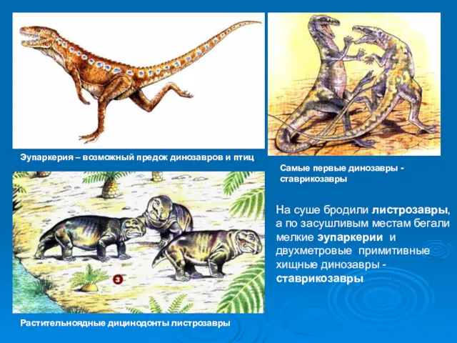 На суше бродили листрозавры, а по засушливым местам бегали мелкие