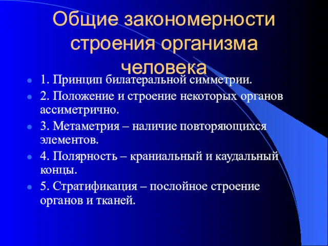 Общие закономерности строения организма человека 1. Принцип билатеральной симметрии. 2.