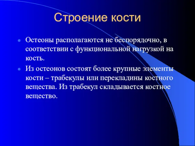 Строение кости Остеоны располагаются не беспорядочно, в соответствии с функциональной