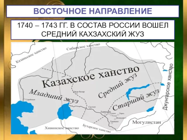 ВОСТОЧНОЕ НАПРАВЛЕНИЕ 1740 – 1743 ГГ. В СОСТАВ РОССИИ ВОШЕЛ СРЕДНИЙ КАХЗАХСКИЙ ЖУЗ