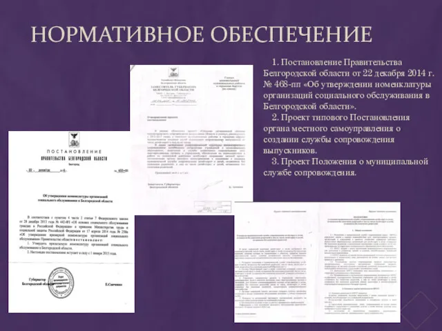 НОРМАТИВНОЕ ОБЕСПЕЧЕНИЕ 1. Постановление Правительства Белгородской области от 22 декабря