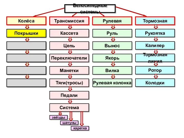 Покрышки Колёса Камеры Обода Спицы Втулки Велосипедные системы Рулевая Тормозная