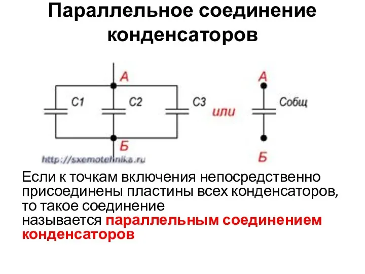 Параллельное соединение конденсаторов Если к точкам включения непосредственно присоединены пластины