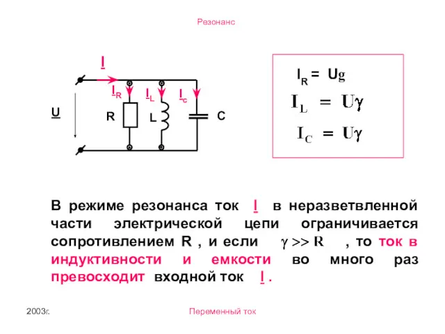 2003г. Переменный ток IR = Ug В режиме резонанса ток