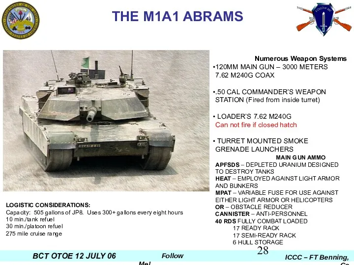 THE M1A1 ABRAMS Numerous Weapon Systems 120MM MAIN GUN – 3000 METERS 7.62