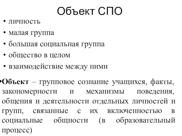 Объект СПО личность малая группа большая социальная группа общество в