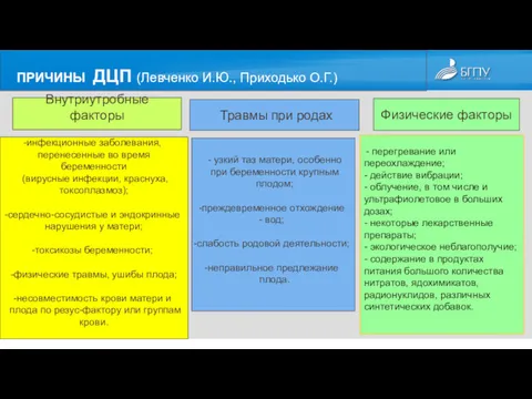 ПРИЧИНЫ ДЦП (Левченко И.Ю., Приходько О.Г.) Внутриутробные факторы Травмы при