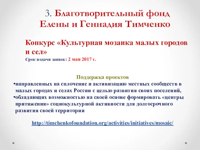 3. Благотворительный фонд Елены и Геннадия Тимченко Конкурс «Культурная мозаика