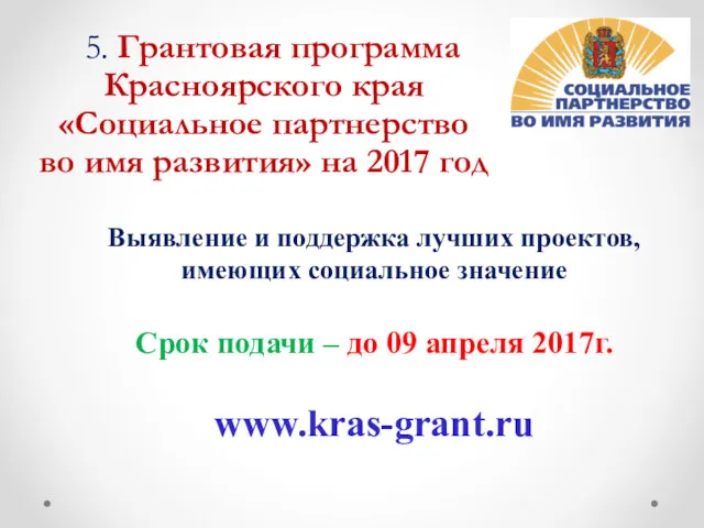 5. Грантовая программа Красноярского края «Социальное партнерство во имя развития»