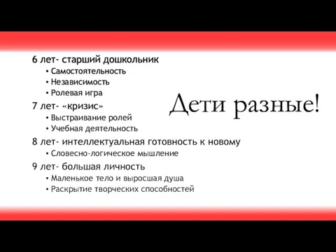 Дети разные! 6 лет- старший дошкольник Самостоятельность Независимость Ролевая игра 7 лет- «кризис»