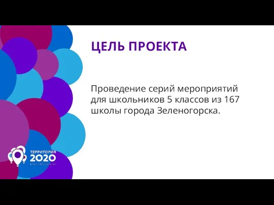 ЦЕЛЬ ПРОЕКТА Проведение серий мероприятий для школьников 5 классов из 167 школы города Зеленогорска.