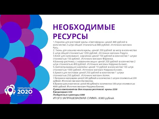 НЕОБХОДИМЫЕ РЕСУРСЫ 1.Паралон для ростовой куклы «Светофорик» ценой 440 рублей