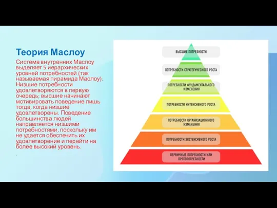 Теория Маслоу Система внутренних Маслоу выделяет 5 иерархических уровней потребностей