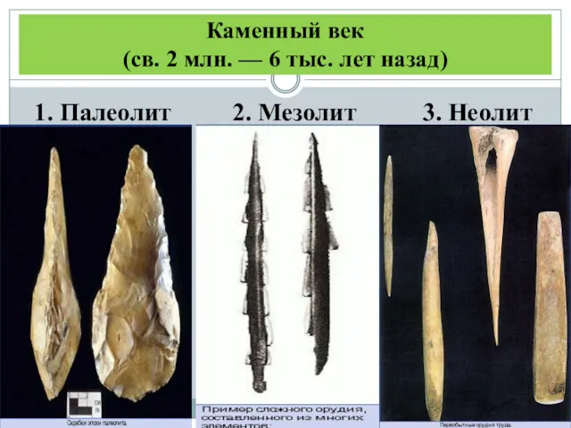 Каменный век (св. 2 млн. — 6 тыс. лет назад) 1. Палеолит 2. Мезолит 3. Неолит