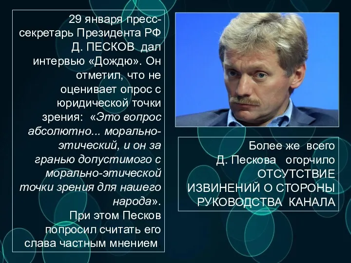 29 января пресс-секретарь Президента РФ Д. ПЕСКОВ дал интервью «Дождю».