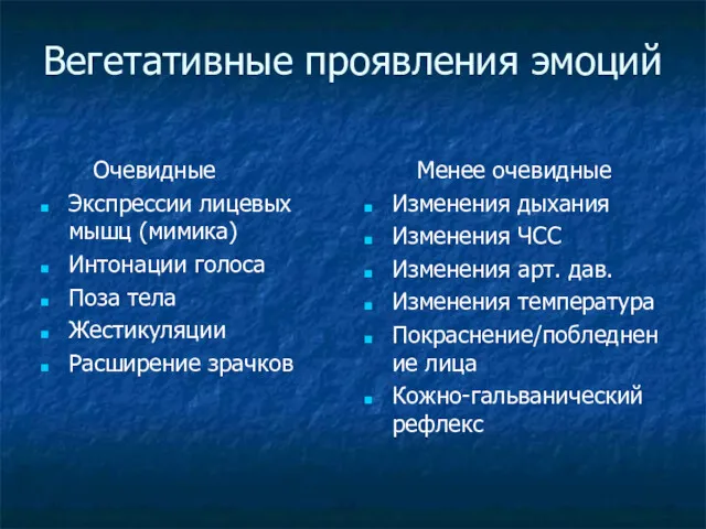 Вегетативные проявления эмоций Очевидные Экспрессии лицевых мышц (мимика) Интонации голоса