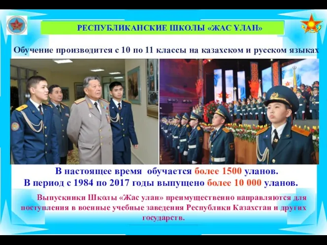 РЕСПУБЛИКАНСКИЕ ШКОЛЫ «ЖАС ҰЛАН» Обучение производится с 10 по 11 классы на казахском