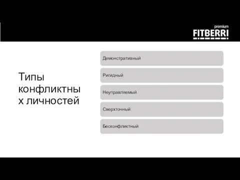 Типы конфликтных личностей Демонстративный Ригидный Неуправляемый Сверхточный Бесконфликтный