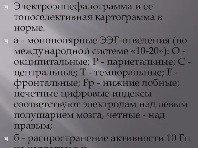 Электроэнцефалограмма и ее топоселективная картограмма в норме. а - монополярные