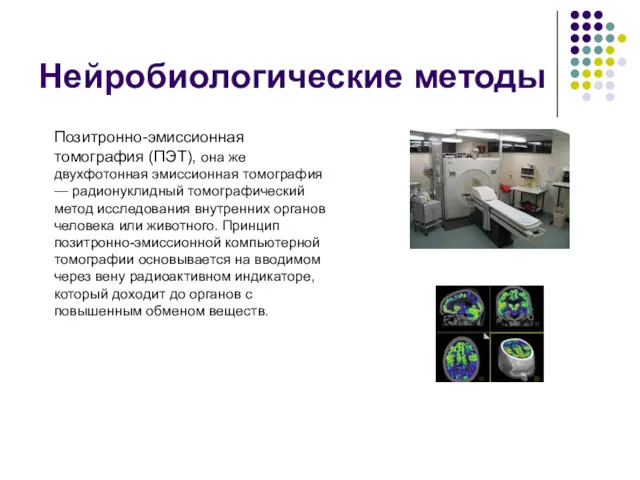 Нейробиологические методы Позитронно-эмиссионная томография (ПЭТ), она же двухфотонная эмиссионная томография