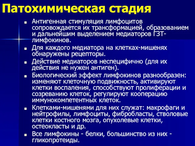 Патохимическая стадия Антигенная стимуляция лимфоцитов сопровождается их трансформацией, образованием и