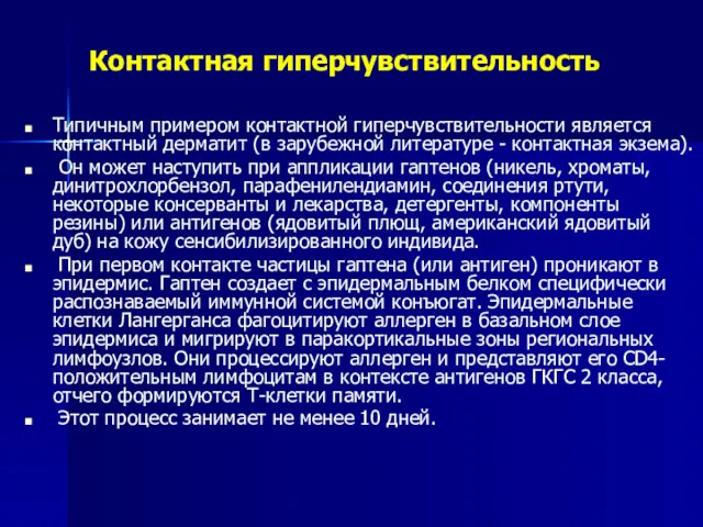 Контактная гиперчувствительность Типичным примером контактной гиперчувствительности является контактный дерматит (в