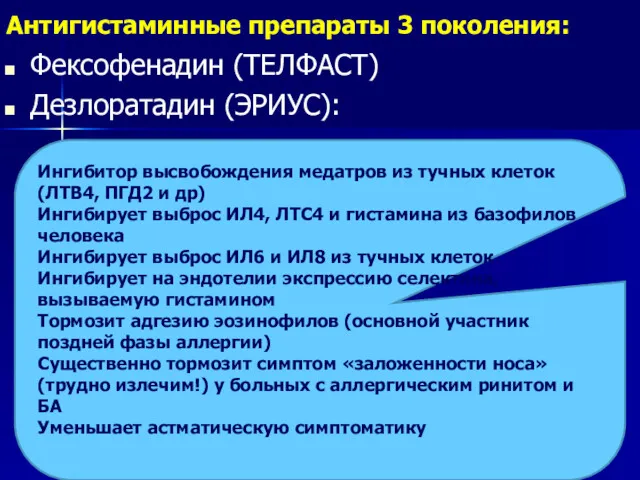 Антигистаминные препараты 3 поколения: Фексофенадин (ТЕЛФАСТ) Дезлоратадин (ЭРИУС): Ингибитор высвобождения