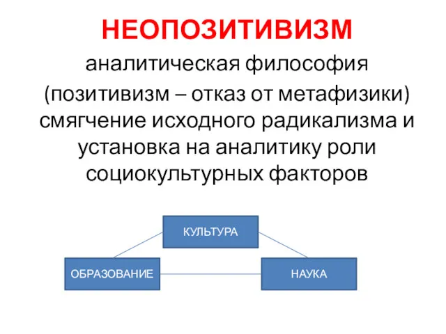 НЕОПОЗИТИВИЗМ аналитическая философия (позитивизм – отказ от метафизики) смягчение исходного