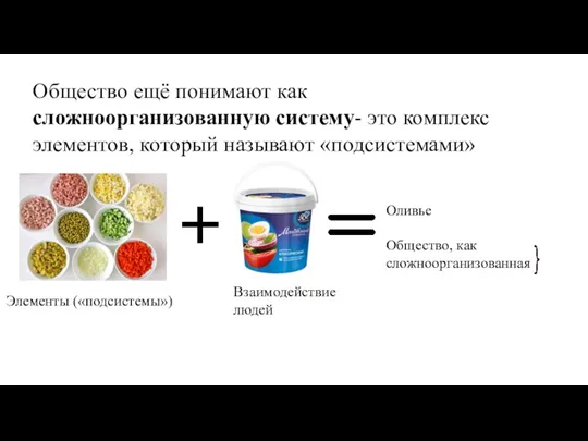 Общество ещё понимают как сложноорганизованную систему- это комплекс элементов, который