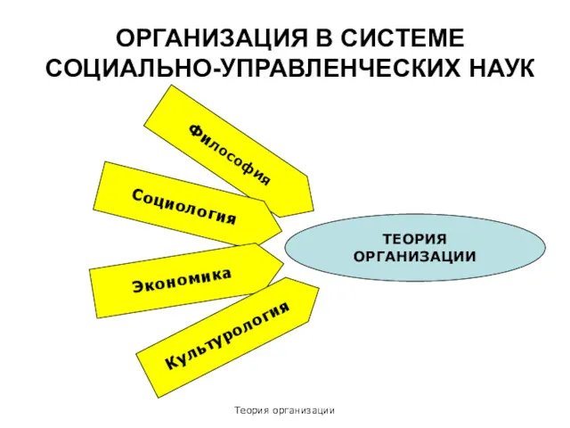 Теория организации ОРГАНИЗАЦИЯ В СИСТЕМЕ СОЦИАЛЬНО-УПРАВЛЕНЧЕСКИХ НАУК ТЕОРИЯ ОРГАНИЗАЦИИ Философия Социология Экономика Культурология